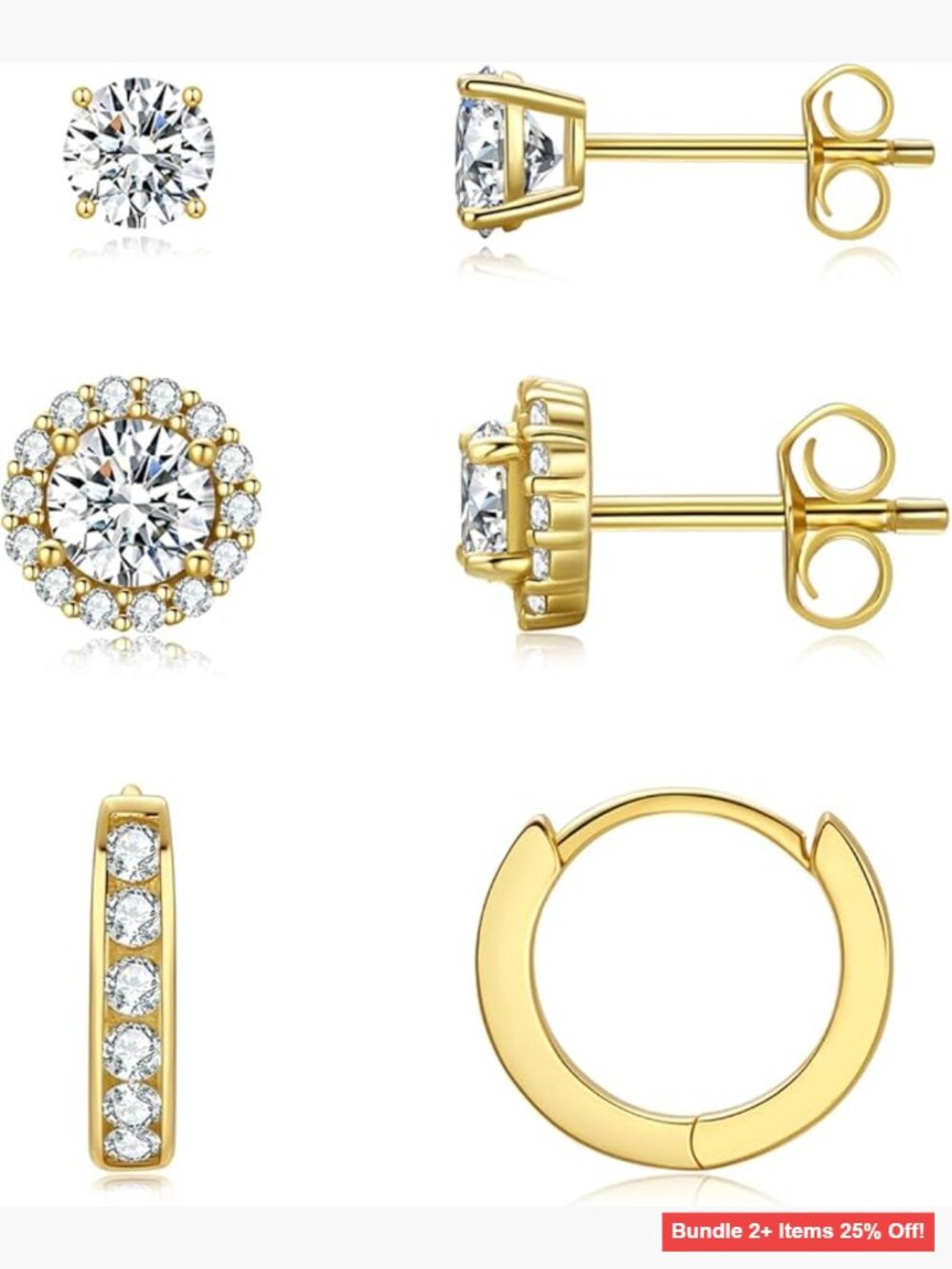 14K White Gold Plated Earrings Set, Cubic Zirconia Studs & Huggie Hoops